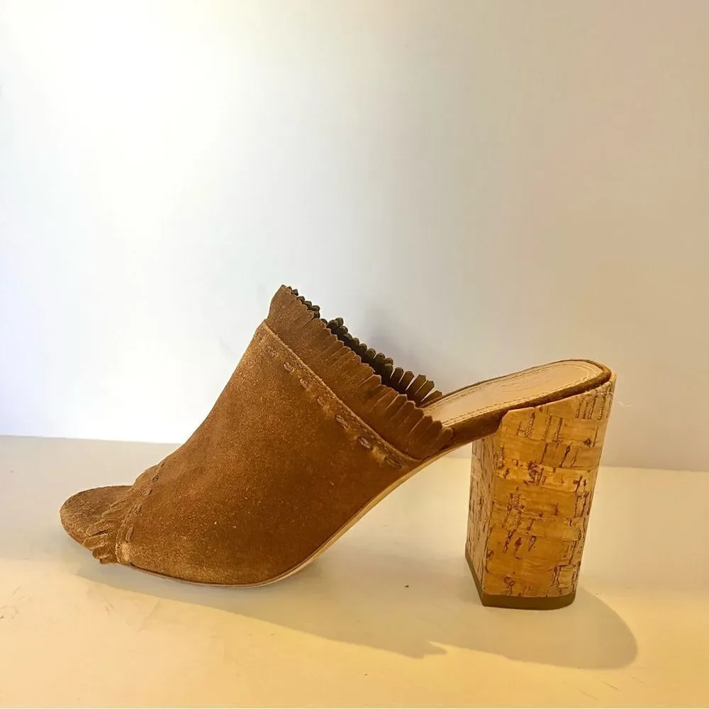 Tory Burch Huntington Camel Suede Fringe Slide Mules in Tan Size 8‎